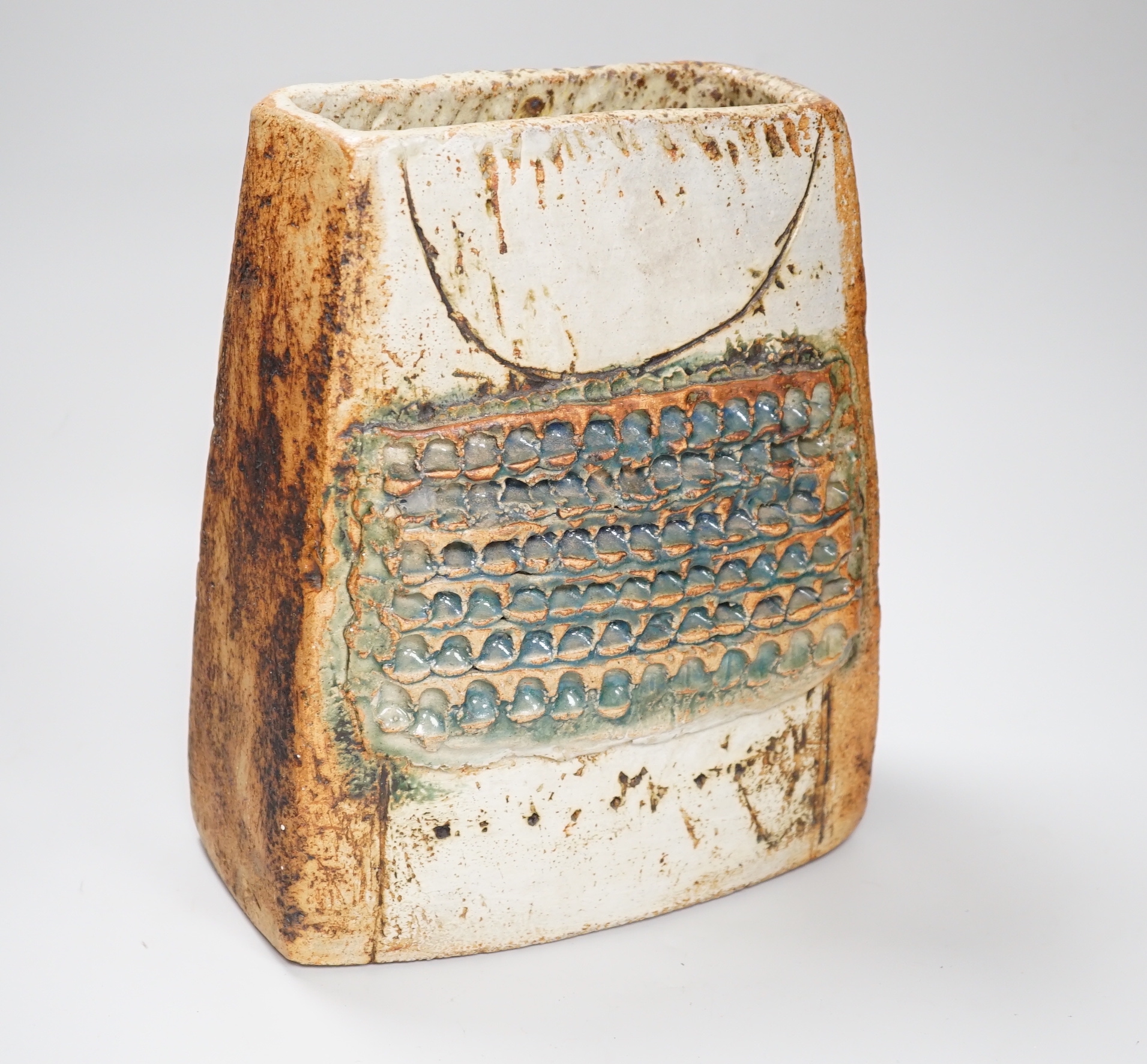 A large Troika-type stoneware vase with incised and relief decoration, 30cm high